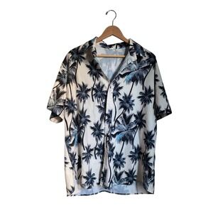 Tropical Palm Tree Hawaiian Cream Short Sleeve Button Up Shirt XXL Vacation Soft